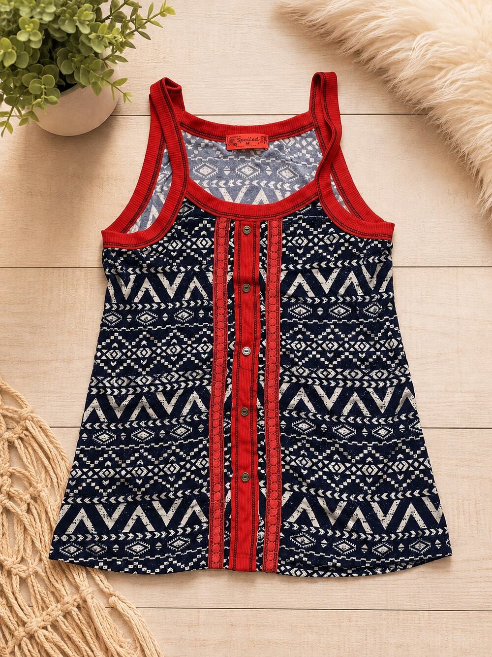 Y2K Spoiled Women’s Medium Aztec Tribal Print Tank Top Boho Snap Front Retro